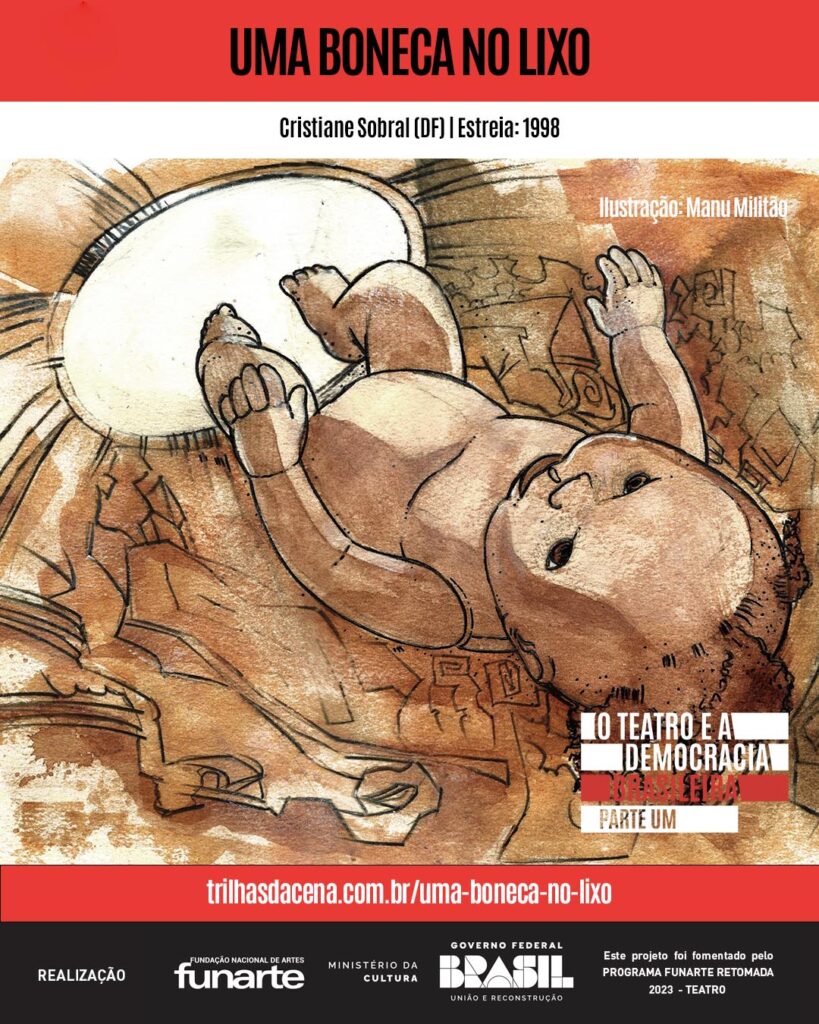 Representação artística de um bebê deitado de costas, estendendo os braços em direção a um pandeiro.. O fundo apresenta formas abstratas em tons quentes, criando uma atmosfera texturizada e onírica para o cartaz promocional para Uma Boneca no Lixo, de Cristiane Sobral.