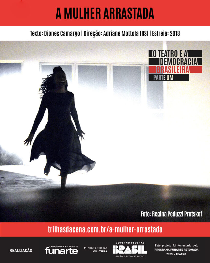 Arte de divulgação. Uma pessoa com um vestido escuro esvoaçante corre em direção à câmera, em silhueta contra uma luz branca brilhante com janelas ao fundo. Foto: Regina Peduzzi Protskof