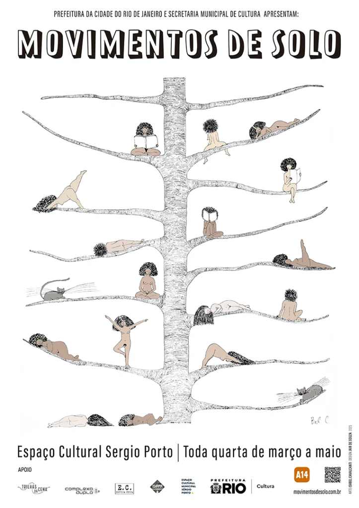 Cartaz ilustrado de Movimentos de Solo mostra mulheres descansando nos galhos de uma árvore com texto mínimo sobre o evento no Espaço Cultural Sergio Porto, que acontece todas as quartas-feiras de março a maio. Arte: Isabel Cavalcanti. Design: Jair de Souza