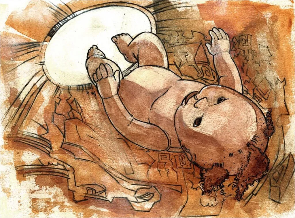 Representação artística de um bebê deitado de costas, estendendo os braços em direção a um tamborete.. O fundo apresenta formas abstratas em tons quentes, criando uma atmosfera texturizada e onírica. Arte: Manu Militão