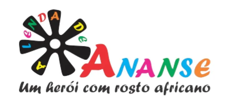 Logotipo com uma forma de flor preta contendo letras coloridas que soletram A Lenda de, seguida por ANANSE em texto grande e colorido e a frase Um herói com rosto africano abaixo em preto.