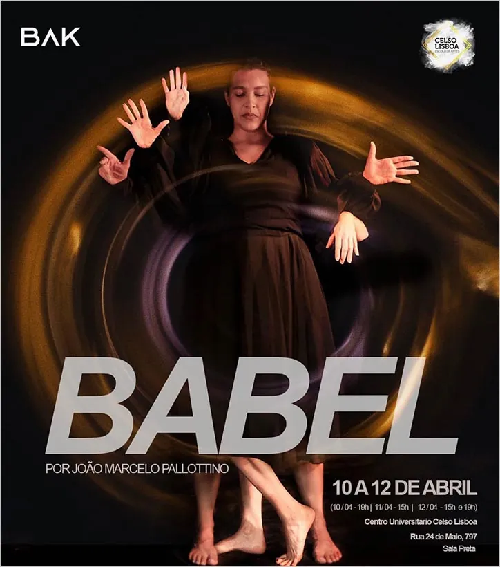 Uma mulher de vestido preto está de olhos fechados e vários braços ao redor dela, criando um efeito dramático. O fundo é escuro com padrões circulares de luz. O texto diz BABEL e detalhes do evento.