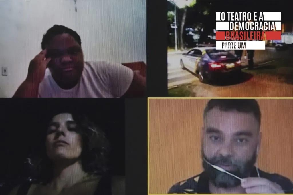 Uma chamada de vídeo mostra três pessoas em quadros separados e um quadro com uma cena noturna de um carro de polícia com dois policiais. Cada pessoa parece estar em um ambiente interno diferente.